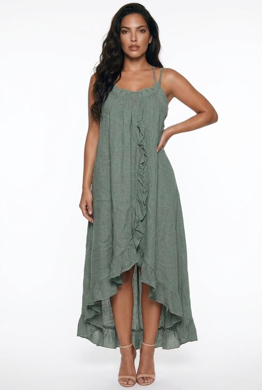 Sage Linen Ruffle Maxi Dress