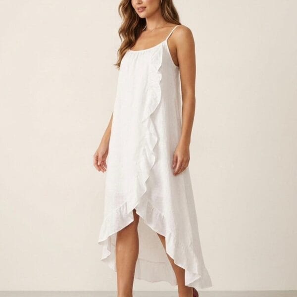 Ethereal White Linen Ruffle Handkerchief Dress