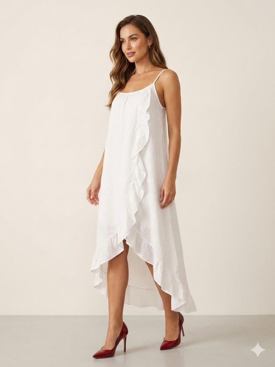 Ethereal White Linen Ruffle Handkerchief Dress