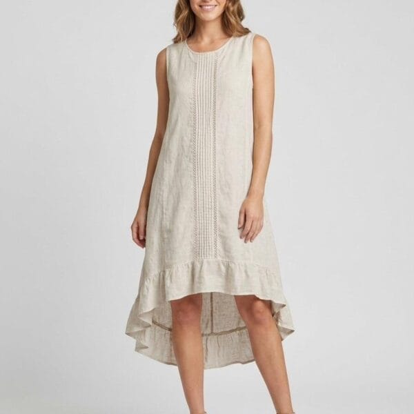 Beige Linen Hi-Low Pintuck Dress