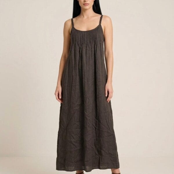 Charcoal Linen Gathering Maxi Dress