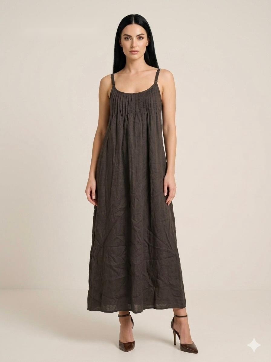 Charcoal Linen Gathering Maxi Dress