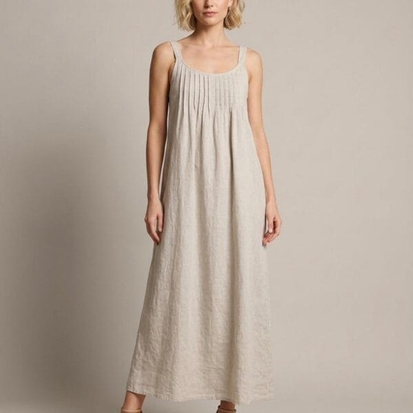 Linen Pleated Maxi Dress in Natural
