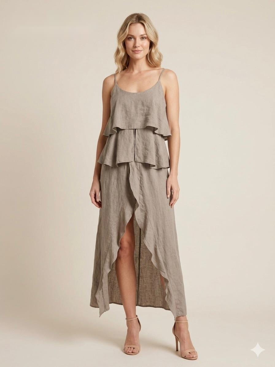 Taupe Linen Ruffle Layered Maxi Dress