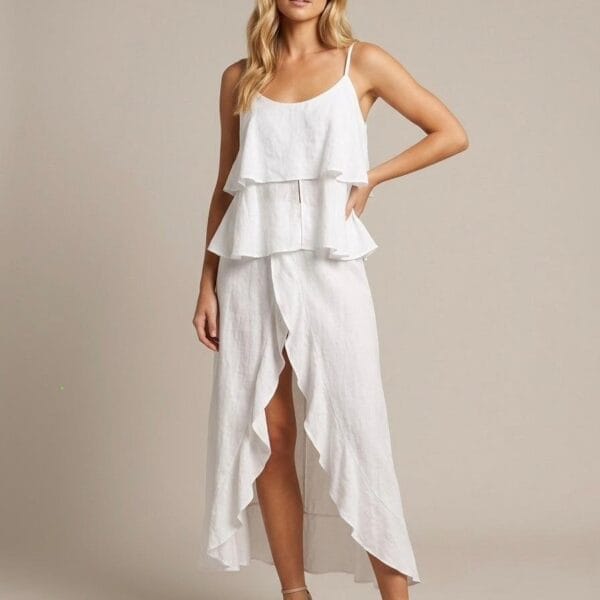 Cascading Ivory Linen Ruffle Dress
