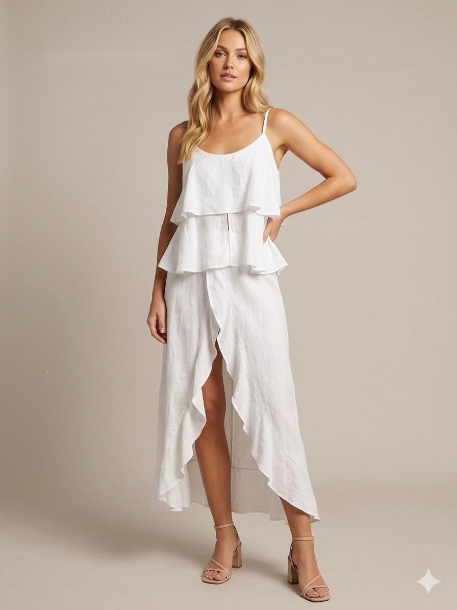 Cascading Ivory Linen Ruffle Dress