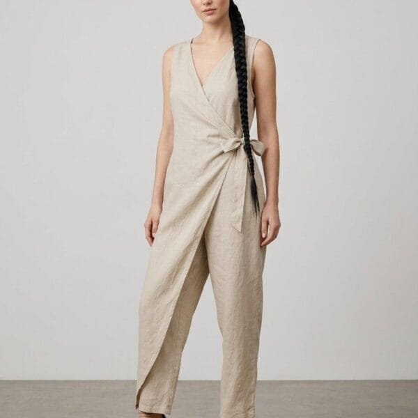 Linen Wrap Jumpsuit in Natural Linen
