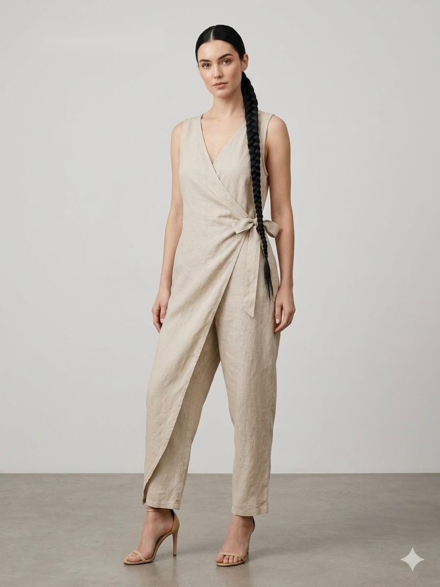 Linen Wrap Jumpsuit in Natural Linen
