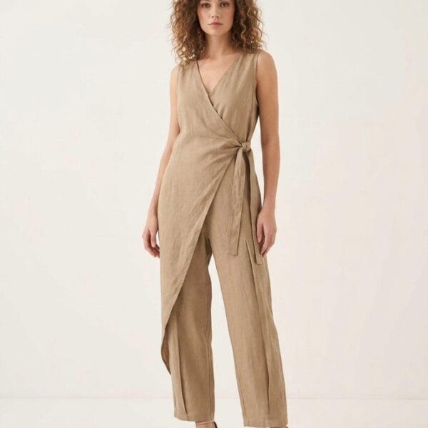 Beige Linen Wrap Jumpsuit