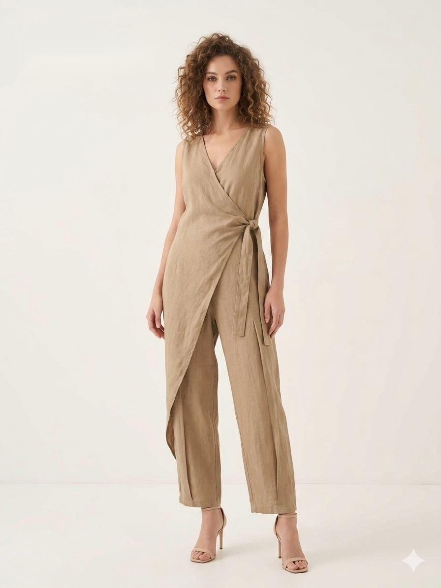 Beige Linen Wrap Jumpsuit