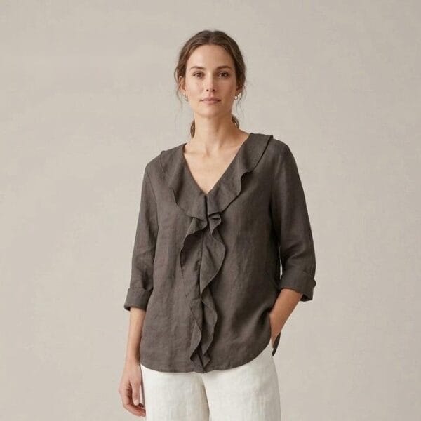 Charcoal Ruffled Linen Blouse
