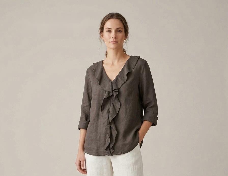 Charcoal Linen Ruffle Front Blouse