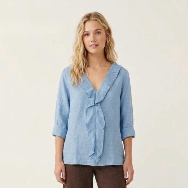 Cornflower Linen Ruffle Blouse