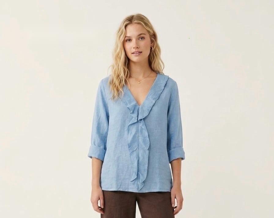 Cornflower Linen Ruffle Blouse