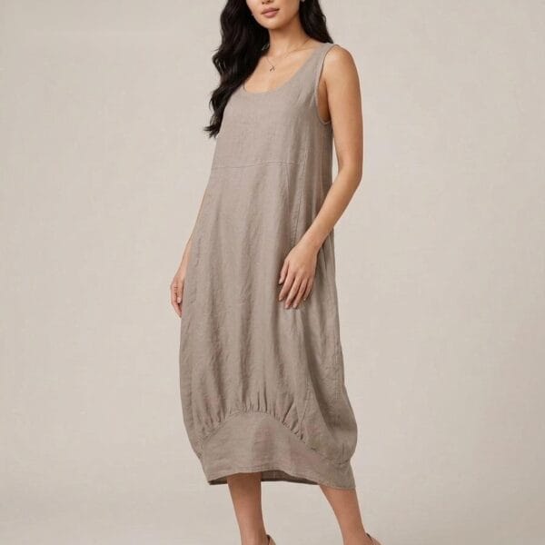 Taupe Linen Bubble Hem Shift Dress