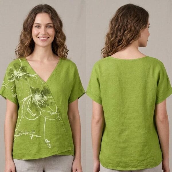 Lime Wildflower Sketch Linen V-Neck