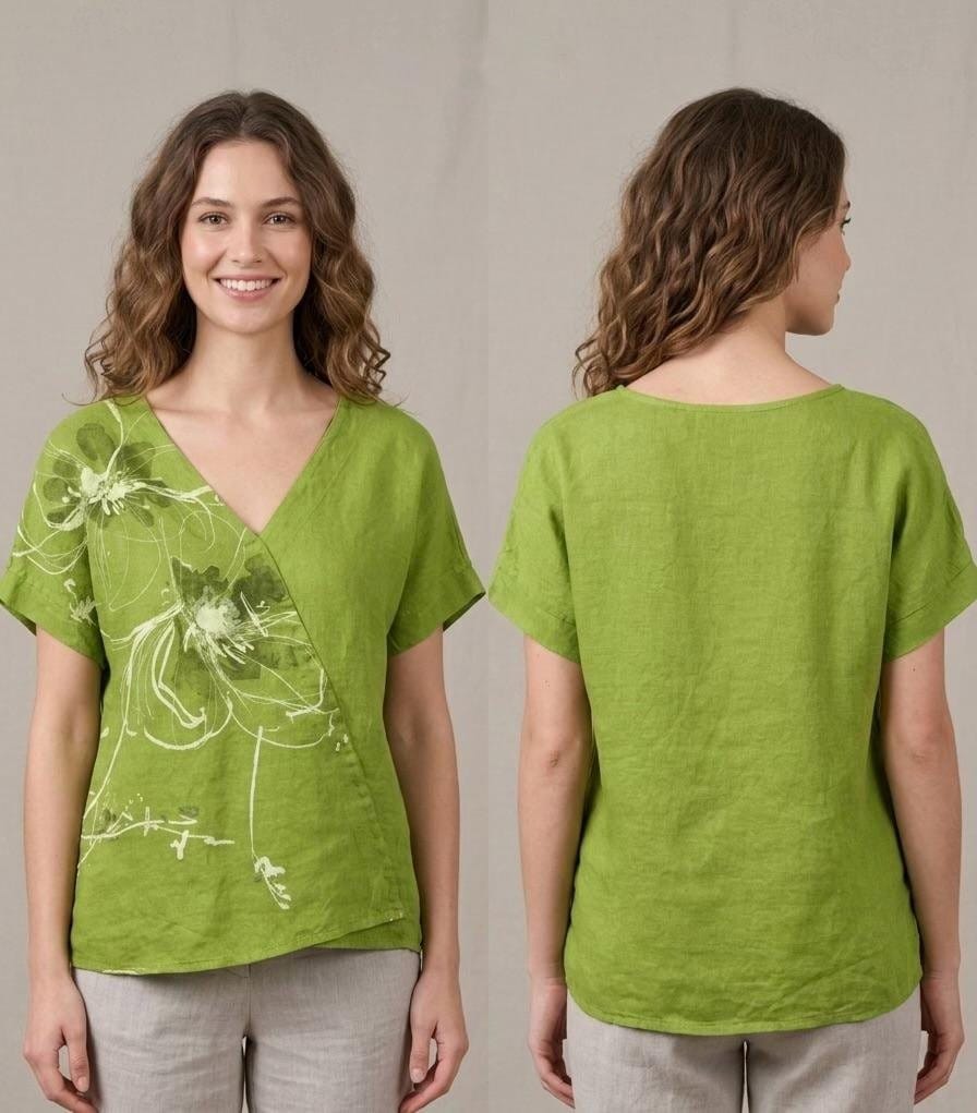 Lime Wildflower Sketch Linen V-Neck