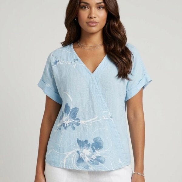 Amalfi Coastal Floral Linen Wrap Top