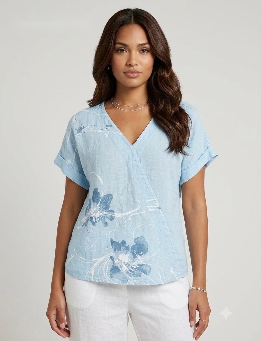 Amalfi Coastal Floral Linen Wrap Top