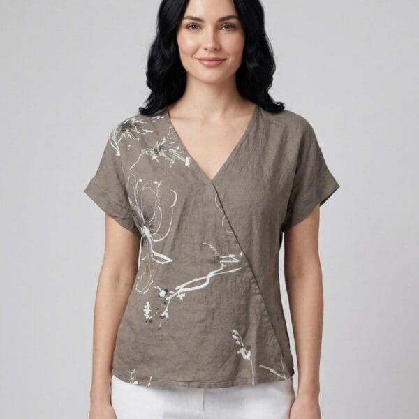 Botanical Sketch Taupe Linen Wrap Top