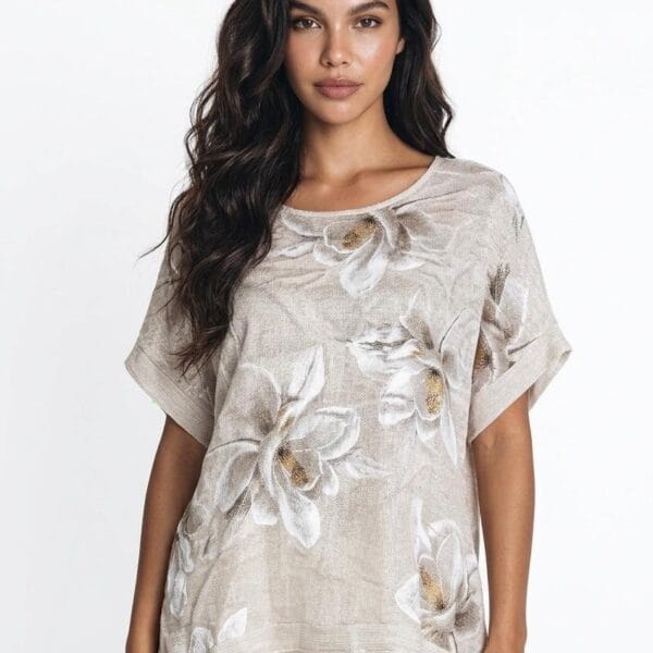 Ivory Botanical Linen Short-Sleeve Top