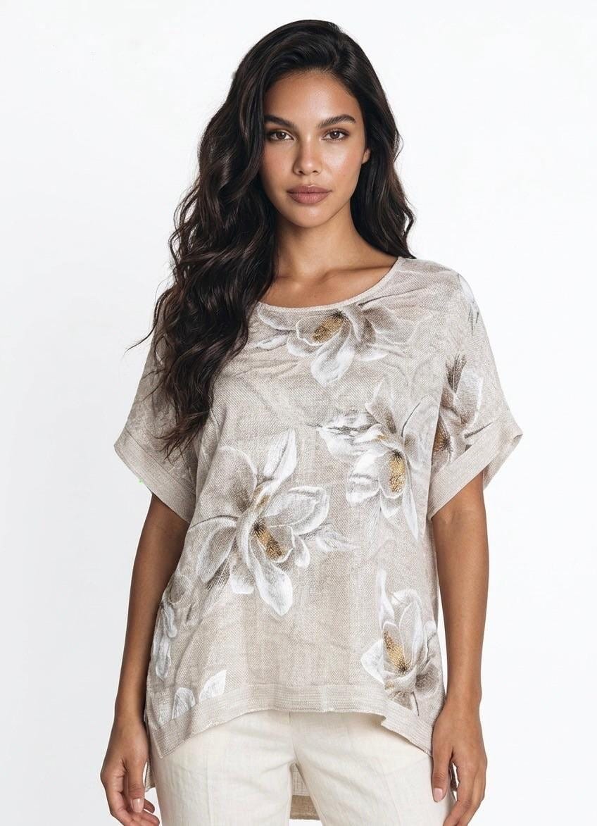Ivory Botanical Linen Short-Sleeve Top