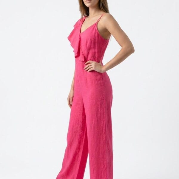 Fuchsia Linen Ruffle Jumpsuit