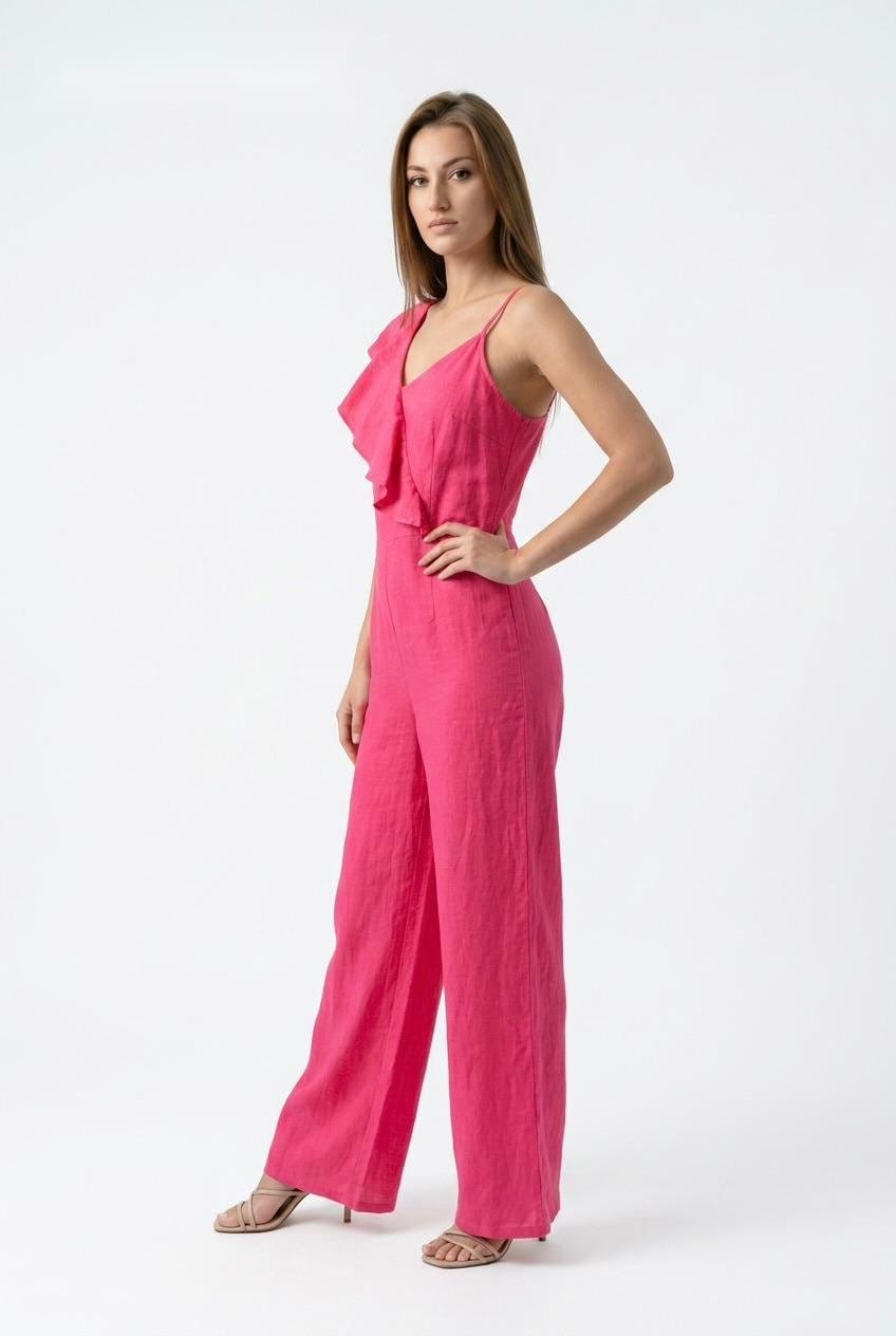 Fuchsia Linen Ruffle Jumpsuit