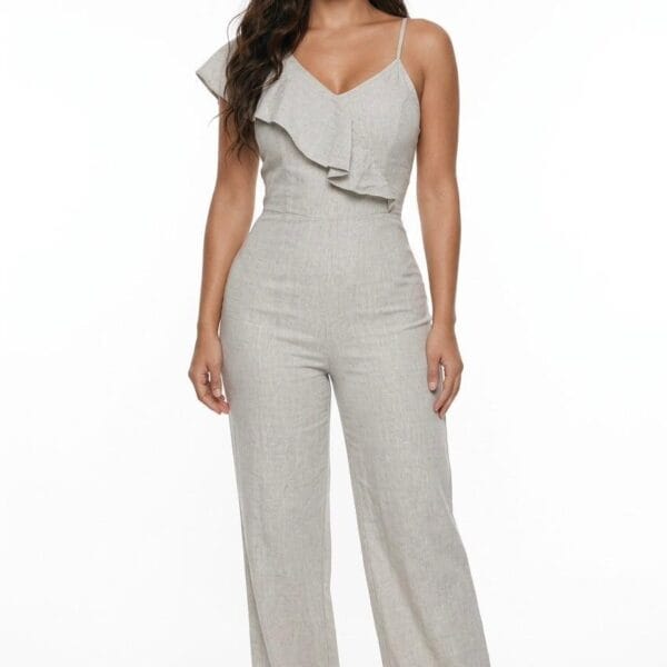 Linen Ruffle V-Neck Jumpsuit in Natural