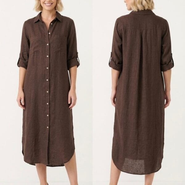 Espresso Linen Button-Down Shirt Dress