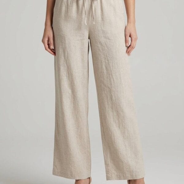 Beige Linen Wide-Leg Drawstring Trousers