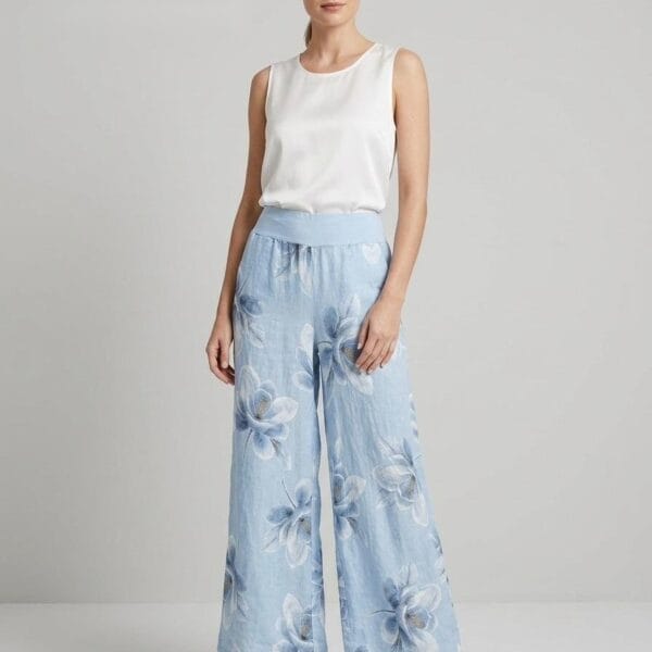 Bluebell Floral Linen Wide-Leg Trousers
