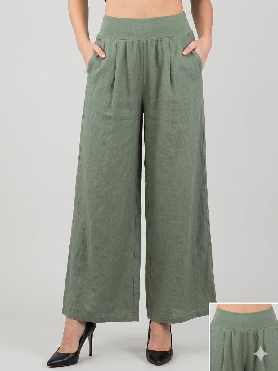 Sage Linen Wide-Leg Palazzo Pants