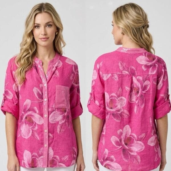 Fuchsia Bloom Linen Button-Down Shirt