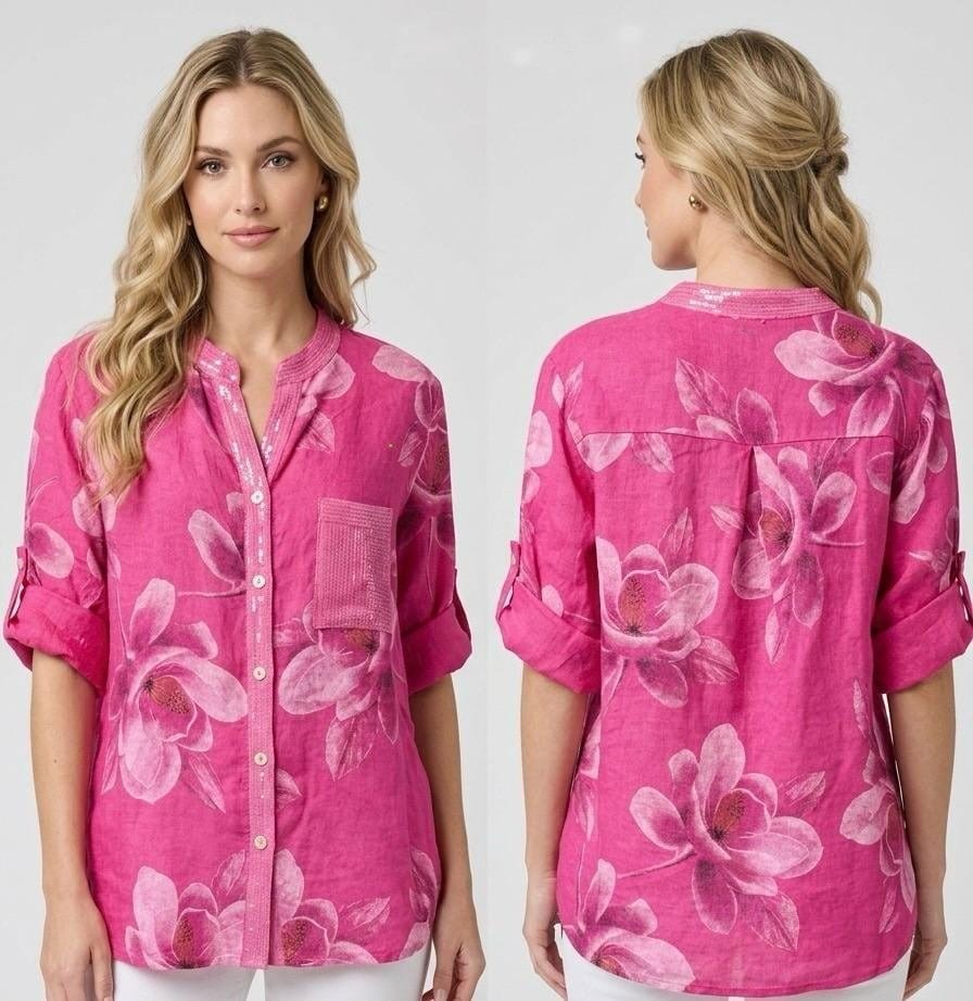 Fuchsia Bloom Linen Button-Down Shirt