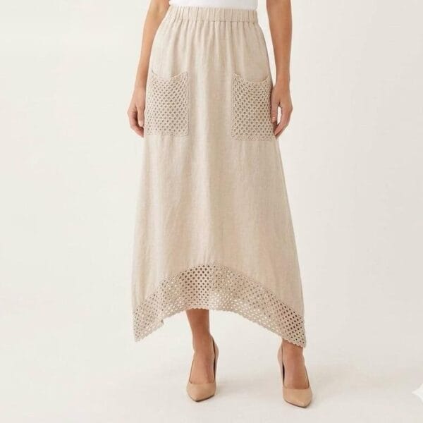 Linen Patchwork Midi Skirt in Cream