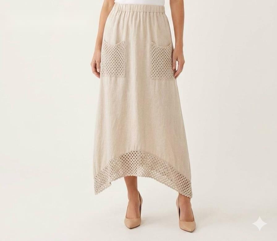 Linen Patchwork Midi Skirt in Cream