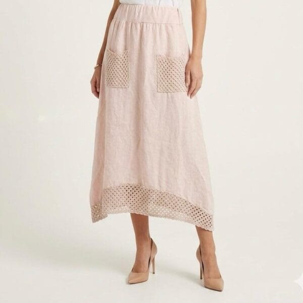 Blush Linen Skirt with Crochet Pockets