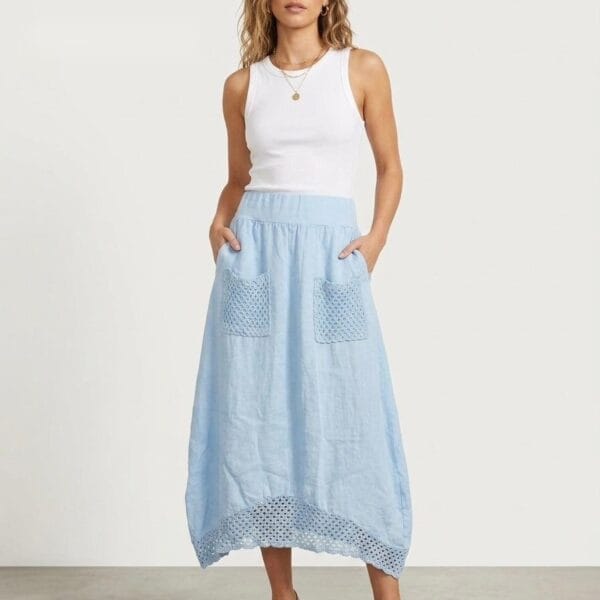 Adriatic Sky Linen Midi Skirt