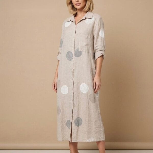 Polka Dot Linen Shirt Dress in Natural