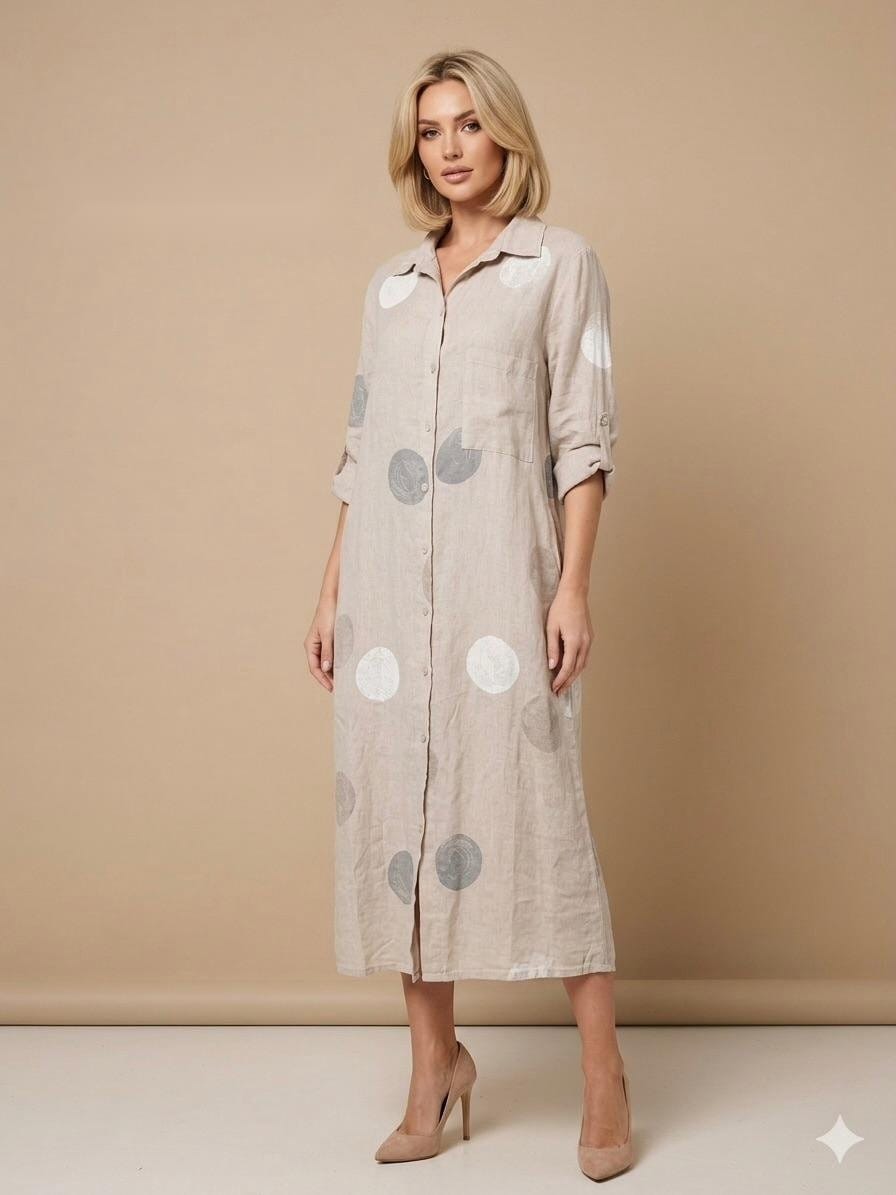 Polka Dot Linen Shirt Dress in Natural