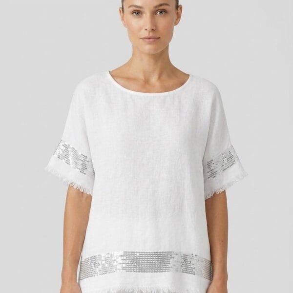 Sequin-Trim White Linen Relaxed Tee