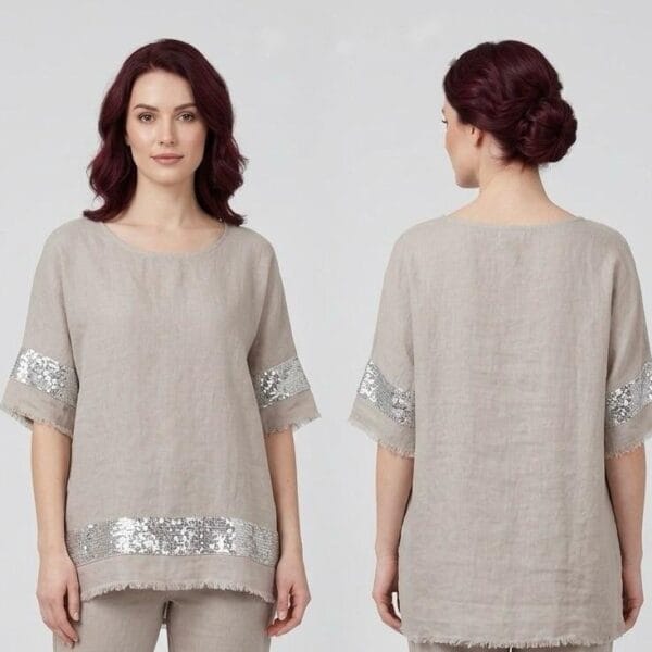 Sequin Trim Linen Tunic in Beige