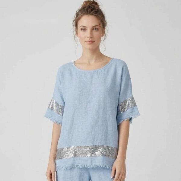 Sequin-Trimmed Sky Blue Linen Tunic
