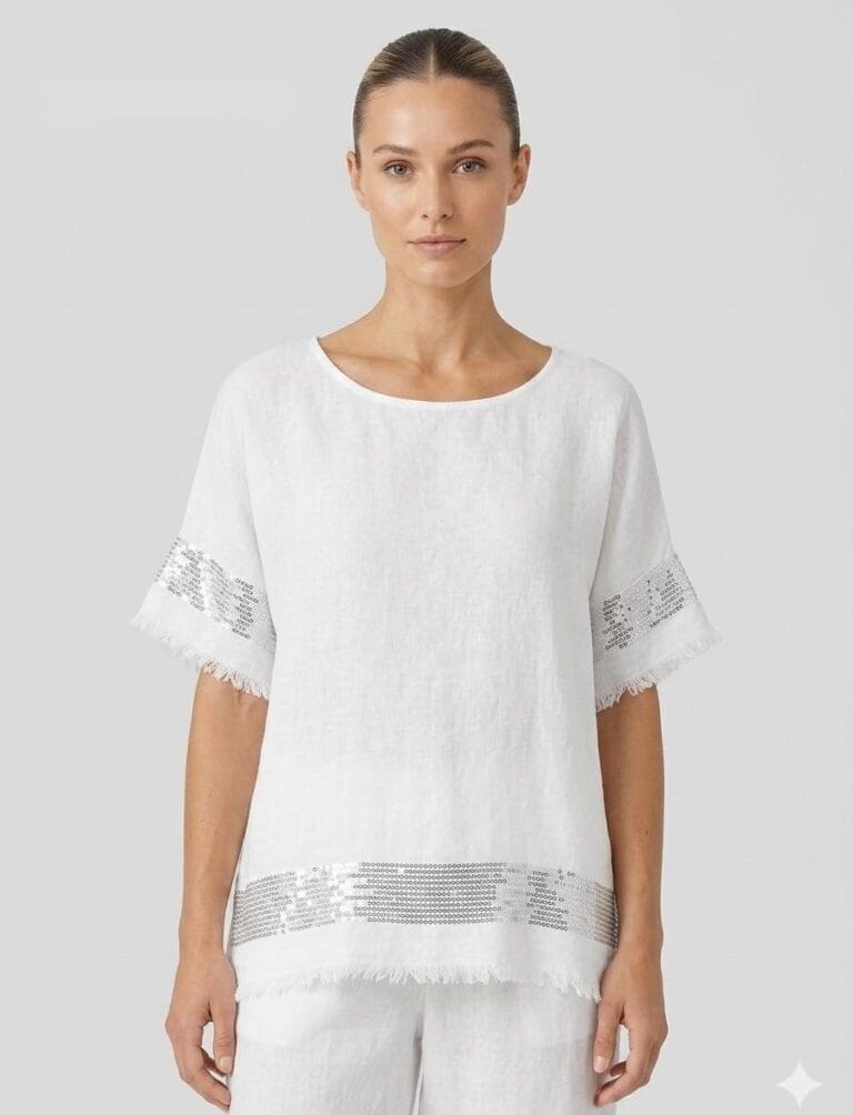 Sequin-Trimmed White Linen Tee