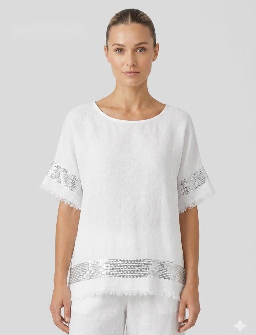 Sequin-Trimmed White Linen Tee