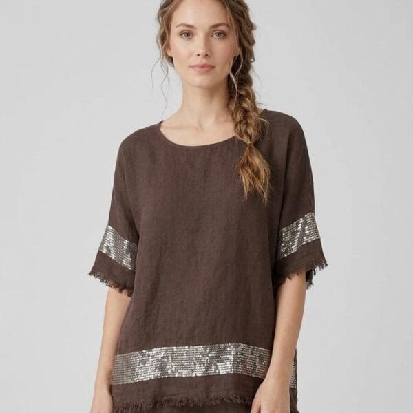 Chocolate Sequin-Trim Linen Tee