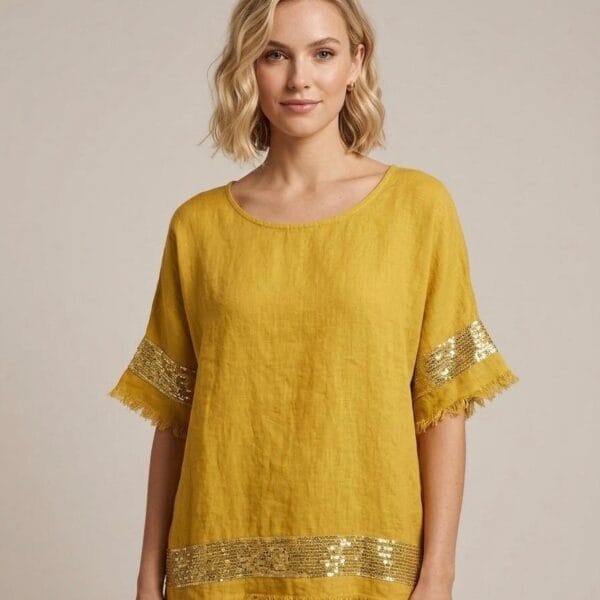 Golden Sequin Linen Tunic with Frayed Hem