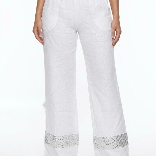 Luminous White Linen Sequin Palazzo Pants