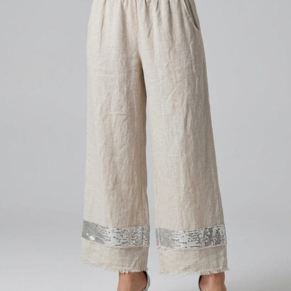 Sequin-Trimmed Cream Linen Cropped Palazzo Pants